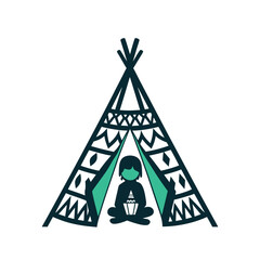 Cozy Teepee Tent with Child Enjoying Cupcake - Flat Vector Illustration © Warten Weg