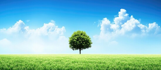 Vibrant Solitary Green Tree in Lush Field Under Expansive Blue Sky