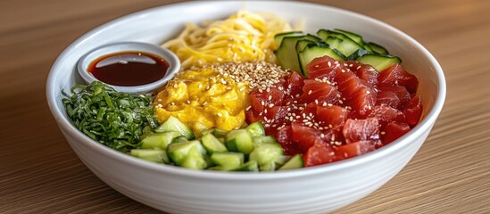Vibrant Tuna Poke Bowl with Fresh Cucumber, Seaweed, and Sesame Seeds