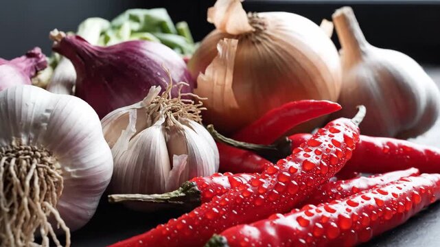 Fresh Spices and Vegetables - This video showcases a variety of fresh ingredients, including red chili peppers covered in water droplets, garlic bulbs, and red and yellow onions.