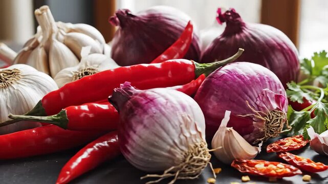 Fresh Garlic, Onions, and Chili Peppers - This video features a collection of fresh ingredients including whole garlic bulbs, red onions, and vibrant red chili peppers.