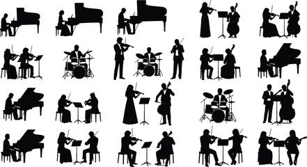 Musicians silhouette collection featuring piano, violin, cello, drums, and orchestra performers isolated on white background for classical music and concert concepts © Nur-Nobin Creations
