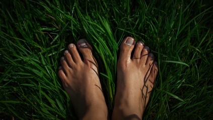 Barefoot Feet Standing on Lush Green Grass with Natural Lighting and Earthy Texture ...