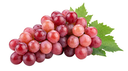 Fototapeta premium Fresh bunch of red grapes with green leaves on a white background showcasing their vibrant color and alpha channel with white background