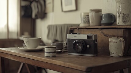 Vintage Camera Still Life: Film Canister, Teacup, and Rustic Charm on Wooden Table