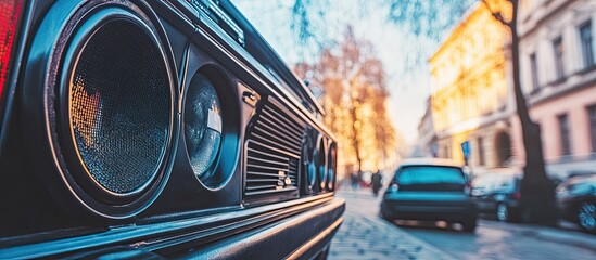 Vintage Car Speaker System Blasting Music on a Sunlit City Street