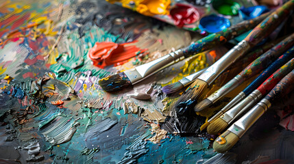 Obraz premium Artist paintbrushes and oil palette for creative workshop or fine art branding visuals.