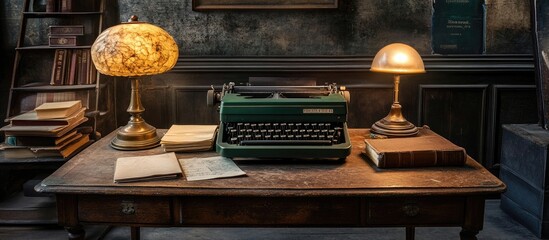 Vintage Green Typewriter on Antique Wooden Desk with Warm Lamps and Old Books