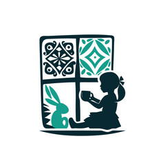 Cozy Childhood Scene: Girl, Rabbit, and Decorative Window Silhouette