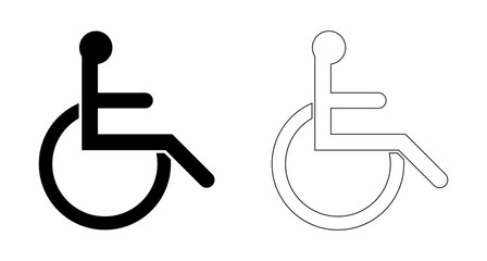 Disabled wheelchair icon set, solid and linear accessibility symbols isolated on white