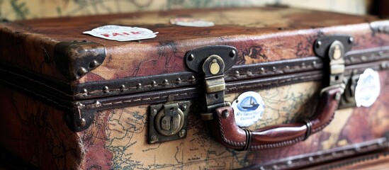 Vintage Map Suitcase with Travel Stickers and Brass Clasps, Evoking Nostalgic Adventure