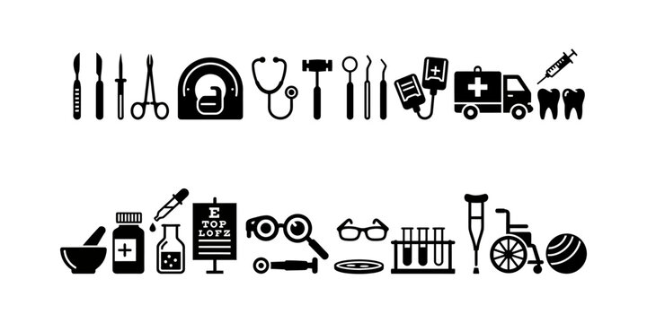 Collection of vector designs of medical equipment icon sets in modern, simple, clean and abstract style.