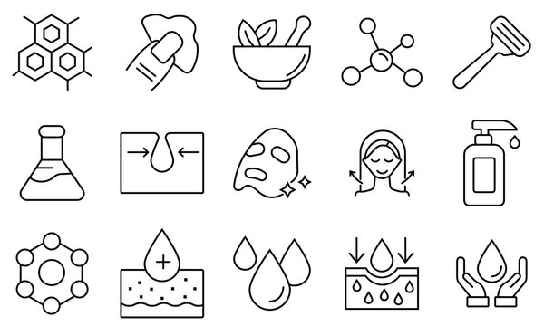 Skin care icon set. Set of 15 line icons related to skin care, cosmetics, cream, dermatology, facial care, serum, cleanser, lotion, skincare, beauty, moisturizer, face mask icon. Vector illustration.