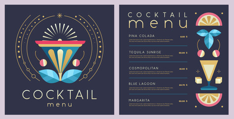 Retro holiday restaurant cocktail menu design on black background. Flat design. Vector illustration
