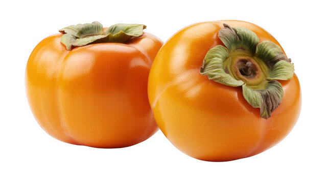 Two orange persimmons with green leaves fruit isolated on a transparent background
