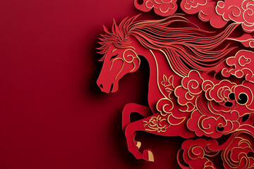 The red with gold silhouette of the horse on a red background. Modern interpretation of traditional Chinese paper cutting art.