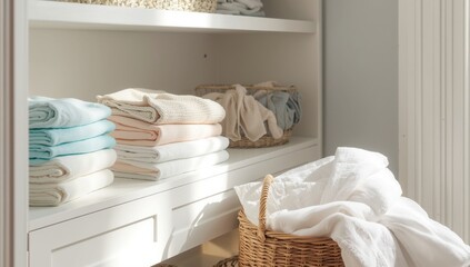 Serene White Closet Organization with Neatly Folded Towels and Linens in Soft Natural Lighting