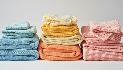 Soft and Cozy Towels in Page Pastel Colors Stacked Neatly on White Background for Bathroom Use