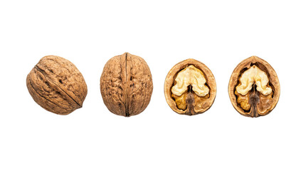 Various stages of walnuts showing whole nuts and shelled halves on a white background product shot isolated