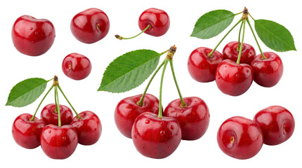 Fresh red cherries with green leaves arranged on a white background showcasing their vibrant colors and alpha channel with white background