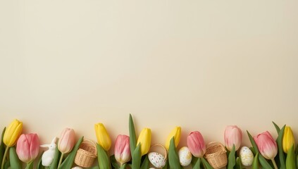Vibrant Tulips and Easter Eggs Border on Soft Beige Background - Spring Floral Arrangement Concept