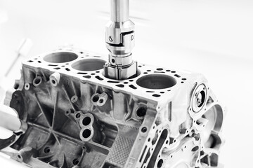 Plakat Cnc milling machine working on engine block in industrial setting