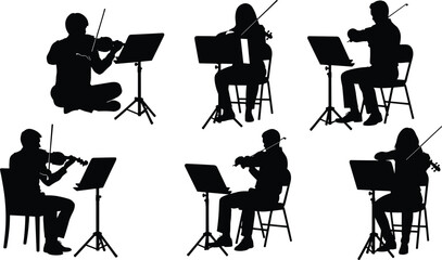 Set of six violin player silhouettes seated with music stands, orchestral musician poses, classical string instrument performance, minimalist black vector icons. © Kaziul