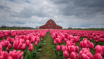 Vibrant Pink Tulip Field with Red Barn under Dramatic Cloudy Sky Rural Landscape Scene