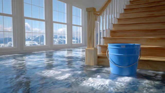 212Contemporary basement interior, wooden stairs rising above a flooded floor, bright blue bucket floating, natural daylight from expansive windows filling the space with airy brightn