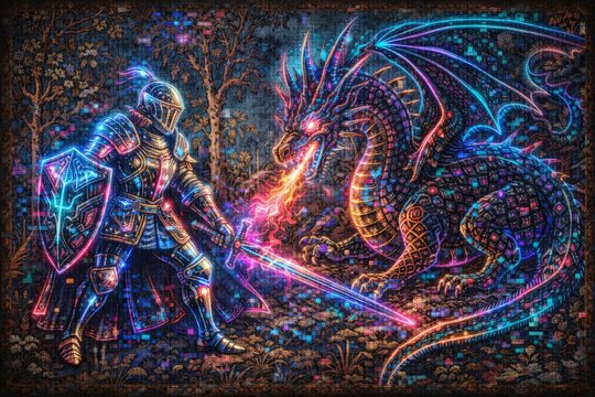 Vibrant fantasy illustration of a glowing knight battling a fire-breathing dragon with neon swords and shields, set in a pixel art-style enchanted forest background.