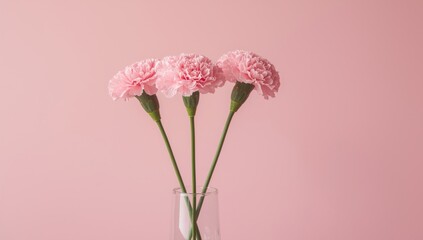 Three Pink Carnations in Glass Vase on Soft Pink Background - Floral Still Life Photography