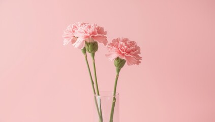 Soft Pink Carnations in Glass Vase against Pastel Background - Minimalist Floral Arrangement Photography
