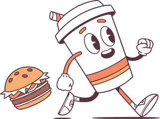 Cartoon drink cup character running alongside a cartoon hamburger on a white background coffee