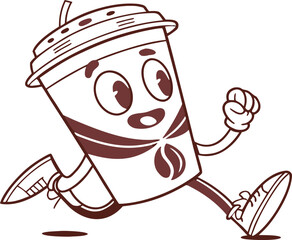 Cartoon coffee cup character with arms and legs running with a happy expression and a coffee bean logo