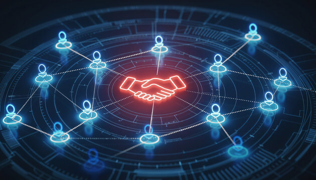 Digital representation of a business handshake surrounded by interconnected human icons, symbolizing networking and collaboration - Powered by Adobe