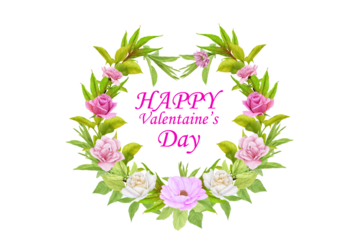 Beautiful circular floral wreath with soft pink and white roses and green leaves, conveying a message of love for Valentine's Day, isolated on transparent background.