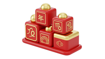 Astrological Zodiac Signs and Chinese New Year Symbols on Red and Gold Blocks