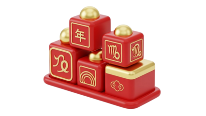 Astrological Zodiac Signs and Chinese New Year Symbols on Red and Gold Blocks