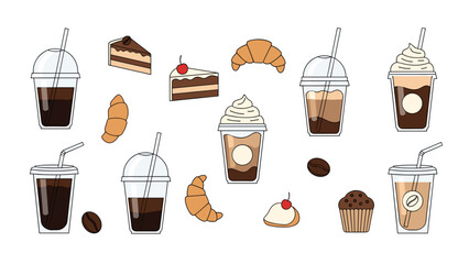 Delightful collection of iced coffee drinks in plastic cups, alongside delectable pastries like croissants and cakes, with scattered coffee beans.