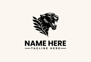 Black vector illustration of a roaring lion's head with leaves and a customizable name and tagline on a beige background.