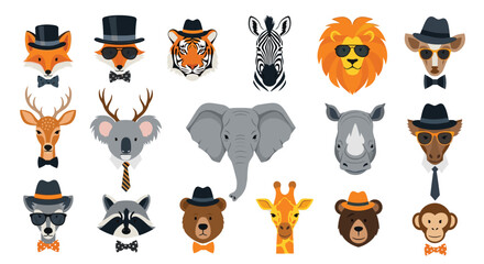 Fototapeta premium Collection of cute hipster animal portraits with hats, glasses, and bow ties, including a fox, tiger, lion, and bear.