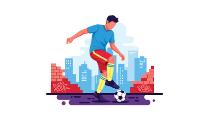 Obraz premium Freestyle street soccer mural vector illustration with bold flat colors and graffiti city background, dynamic football artwork created for advertising, branding, and youth culture design