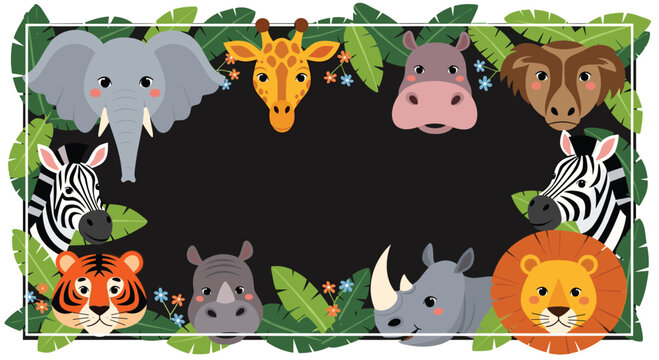 Jungle animal frame with cute cartoon safari wildlife heads around a blank black chalkboard for party invitations.