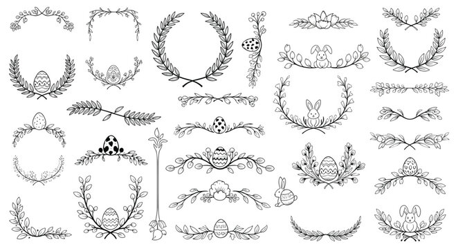 Hand-drawn collection of black and white Easter borders, wreaths, and dividers with eggs, bunnies, and pussy willow.