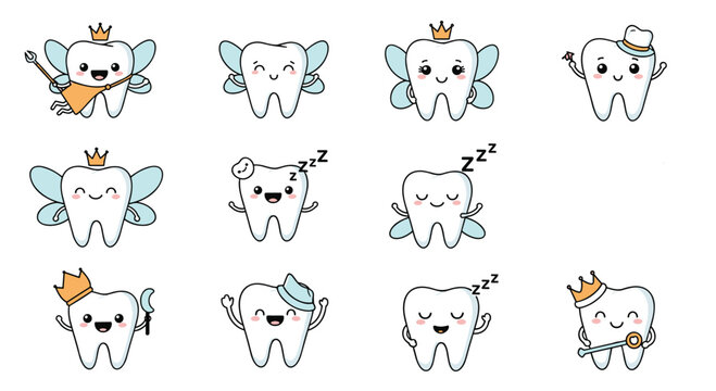Cute kawaii tooth fairy characters with wings, crowns, and wands in a collection for dental care and pediatric dentistry.
