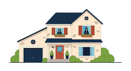 A lovely suburban house with a garage, red shutters, and a dark roof, illustrated in a clean and modern flat cartoon style vector.