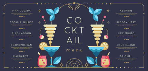 Retro holiday restaurant cocktail menu design on black background. Flat design. Vector illustration