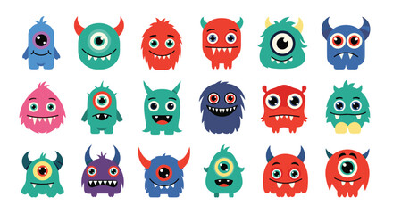 Fototapeta premium A fun and colorful collection of cute and friendly cartoon monsters with various funny faces, horns, and googly eyes for kids.