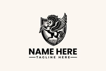 A black and white illustration of a winged horse on a shield with a placeholder name and tagline on a beige background, featuring a logo, vector, illustration, and icon design.