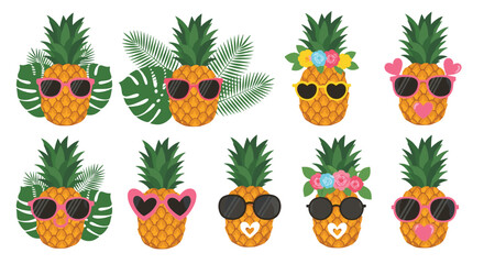 Fototapeta premium A fun summer collection of cool cartoon pineapples wearing various stylish sunglasses, flower crowns, and surrounded by tropical leaves.